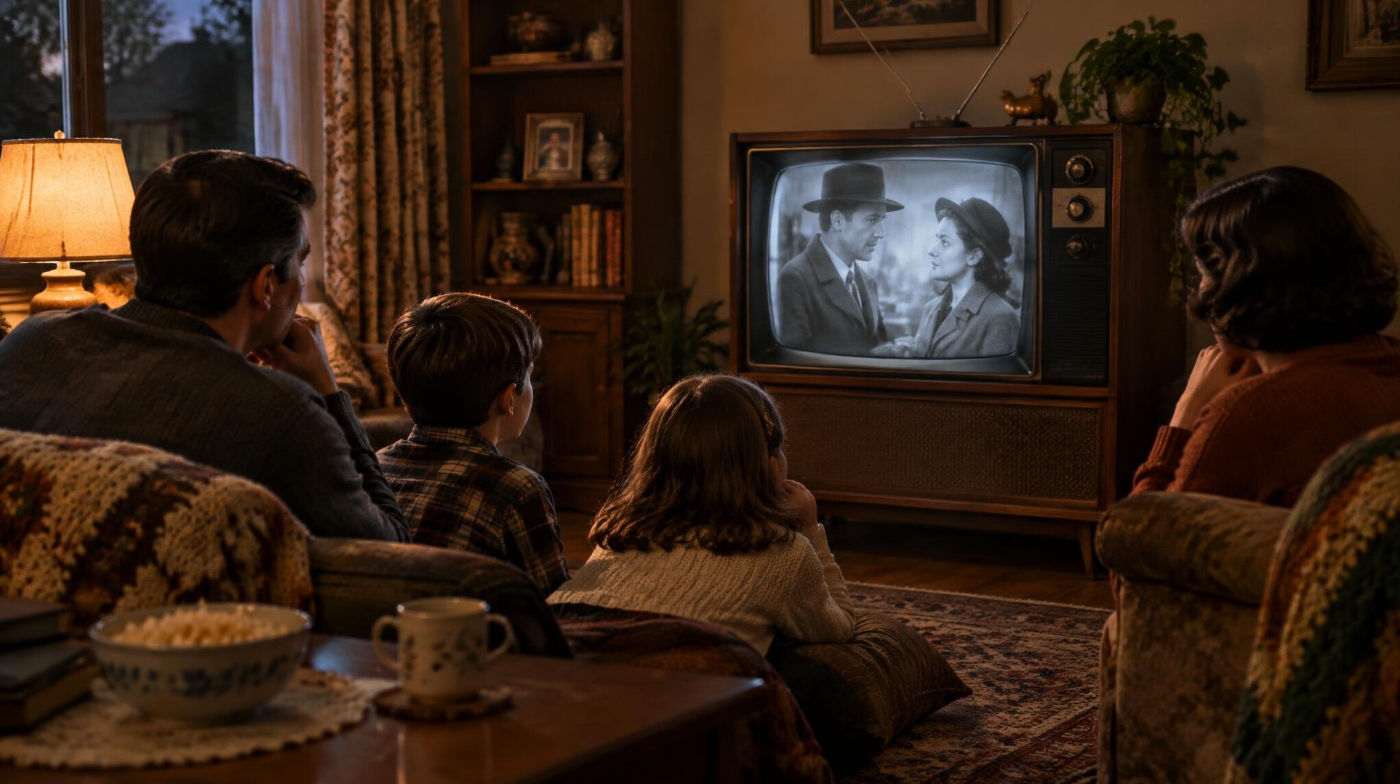 family gathered around old tv